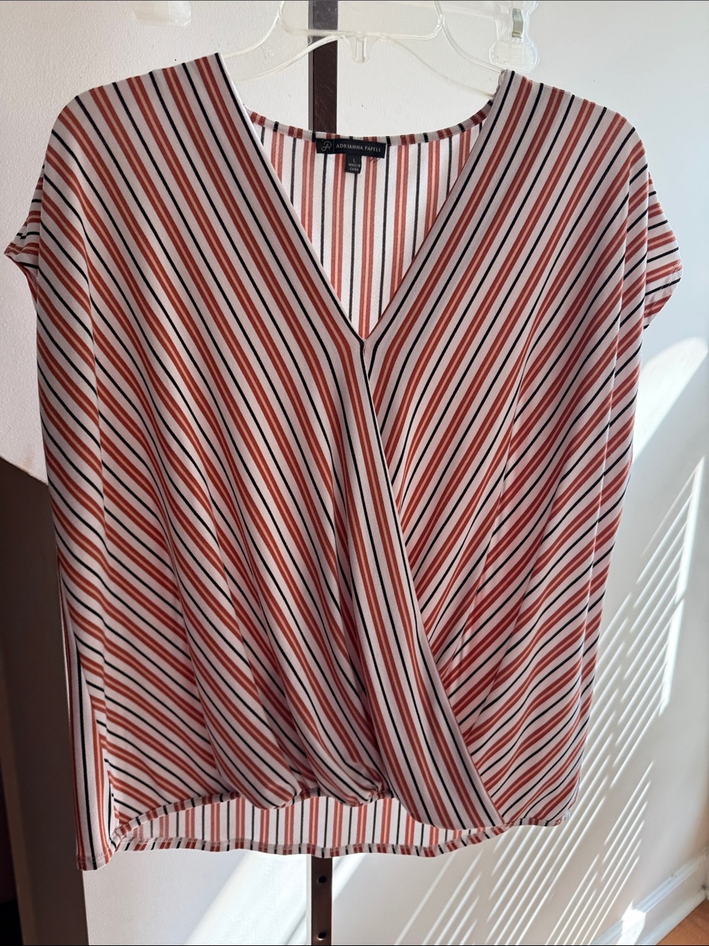 Adrianna Papell White, Red & Black Striped Surplice Blouse